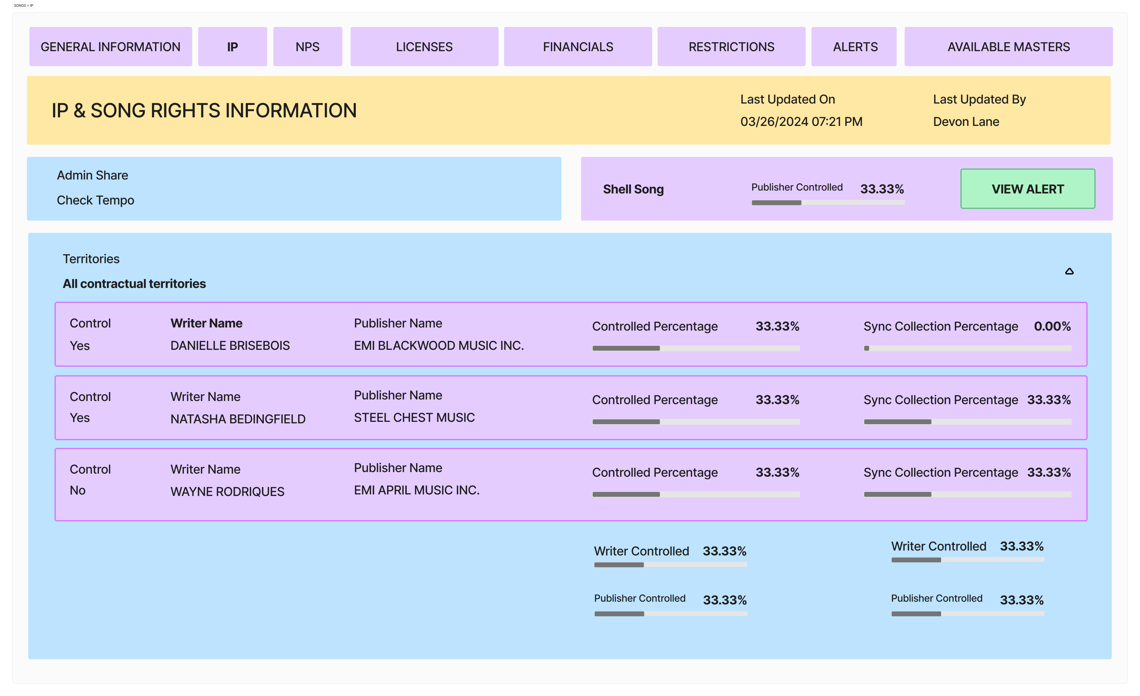 Song details — IP and rights wireframe